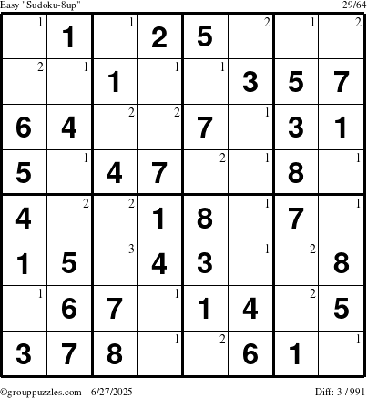 The grouppuzzles.com Easy Sudoku-8up puzzle for Friday June 27, 2025 with the first 3 steps marked