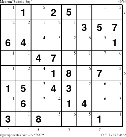 The grouppuzzles.com Medium Sudoku-8up puzzle for Friday June 27, 2025 with all 7 steps marked