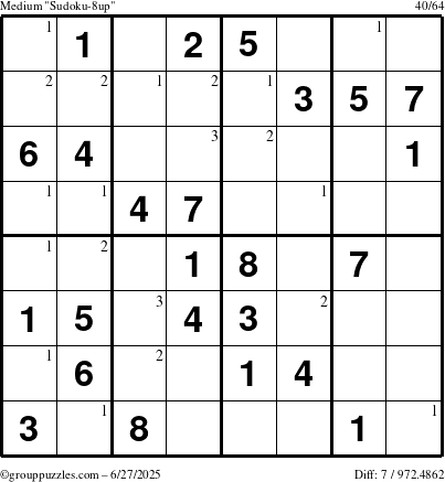 The grouppuzzles.com Medium Sudoku-8up puzzle for Friday June 27, 2025 with the first 3 steps marked
