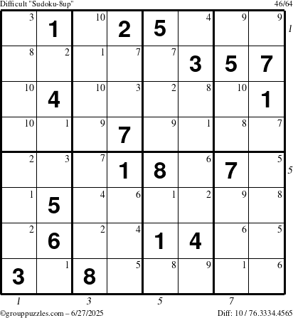 The grouppuzzles.com Difficult Sudoku-8up puzzle for Friday June 27, 2025 with all 10 steps marked
