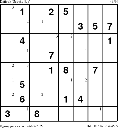 The grouppuzzles.com Difficult Sudoku-8up puzzle for Friday June 27, 2025 with the first 3 steps marked