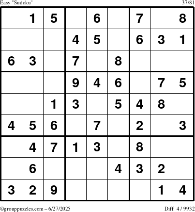 The grouppuzzles.com Easy Sudoku puzzle for Friday June 27, 2025