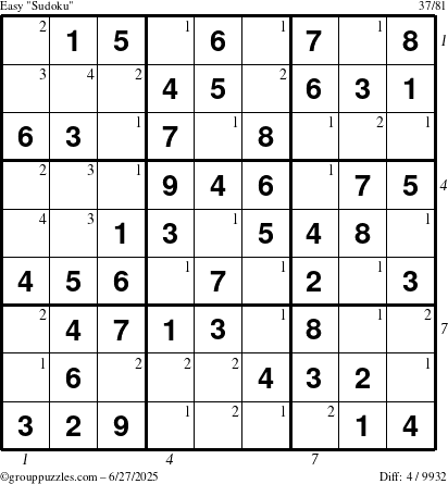 The grouppuzzles.com Easy Sudoku puzzle for Friday June 27, 2025 with all 4 steps marked