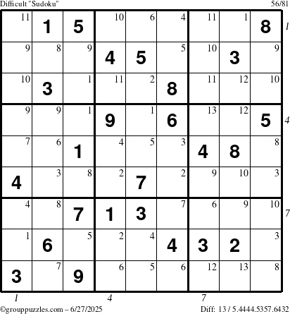 The grouppuzzles.com Difficult Sudoku puzzle for Friday June 27, 2025 with all 13 steps marked