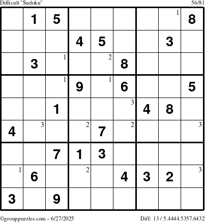 The grouppuzzles.com Difficult Sudoku puzzle for Friday June 27, 2025 with the first 3 steps marked