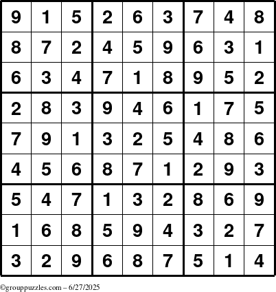 The grouppuzzles.com Answer grid for the Sudoku puzzle for Friday June 27, 2025