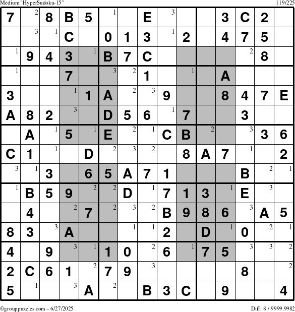 The grouppuzzles.com Medium HyperSudoku-15 puzzle for Friday June 27, 2025 with the first 3 steps marked