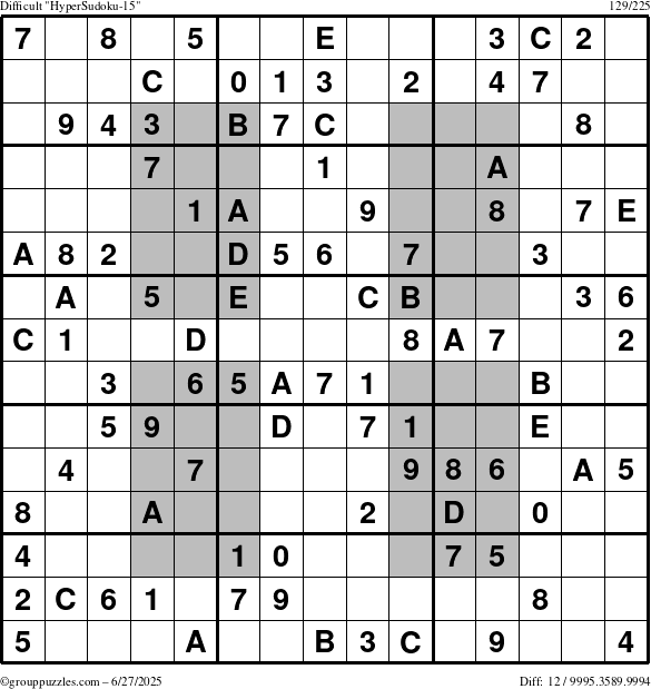The grouppuzzles.com Difficult HyperSudoku-15 puzzle for Friday June 27, 2025