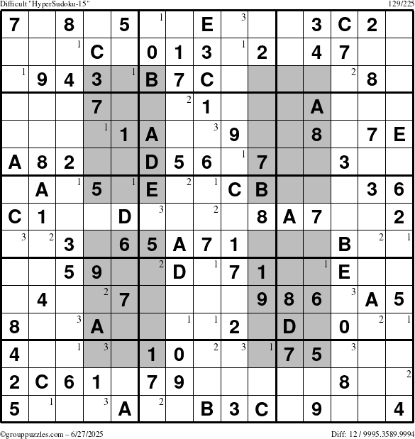 The grouppuzzles.com Difficult HyperSudoku-15 puzzle for Friday June 27, 2025 with the first 3 steps marked