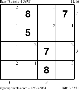 The grouppuzzles.com Easy Sudoku-4-5678 puzzle for Monday December 30, 2024 with all 3 steps marked