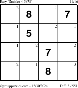 The grouppuzzles.com Easy Sudoku-4-5678 puzzle for Monday December 30, 2024 with the first 3 steps marked