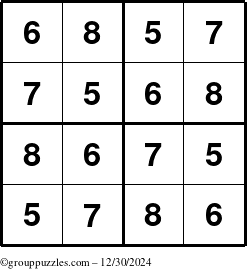 The grouppuzzles.com Answer grid for the Sudoku-4-5678 puzzle for Monday December 30, 2024