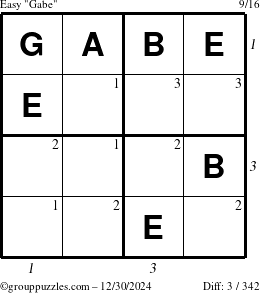 The grouppuzzles.com Easy Gabe puzzle for Monday December 30, 2024, suitable for printing, with all 3 steps marked