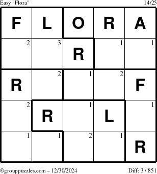 The grouppuzzles.com Easy Flora puzzle for Monday December 30, 2024 with the first 3 steps marked