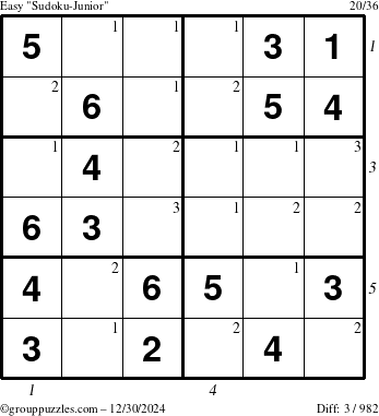 The grouppuzzles.com Easy Sudoku-Junior puzzle for Monday December 30, 2024 with all 3 steps marked