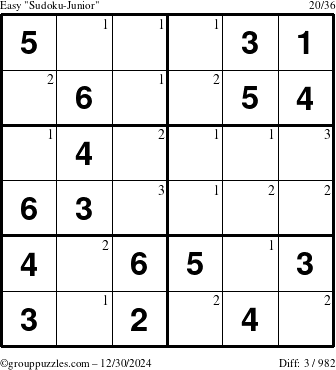 The grouppuzzles.com Easy Sudoku-Junior puzzle for Monday December 30, 2024 with the first 3 steps marked