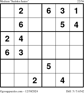 The grouppuzzles.com Medium Sudoku-Junior puzzle for Monday December 30, 2024