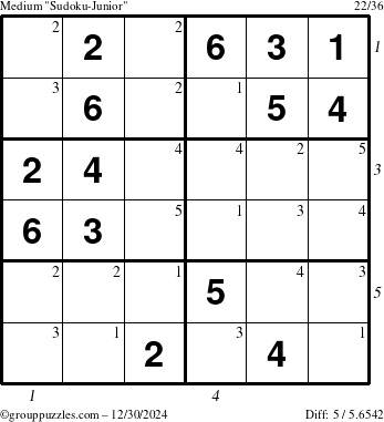 The grouppuzzles.com Medium Sudoku-Junior puzzle for Monday December 30, 2024 with all 5 steps marked