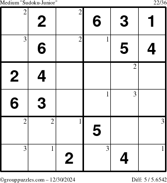 The grouppuzzles.com Medium Sudoku-Junior puzzle for Monday December 30, 2024 with the first 3 steps marked