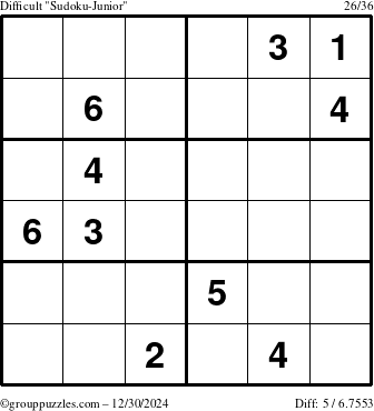 The grouppuzzles.com Difficult Sudoku-Junior puzzle for Monday December 30, 2024