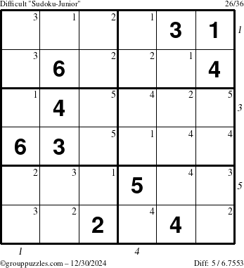 The grouppuzzles.com Difficult Sudoku-Junior puzzle for Monday December 30, 2024 with all 5 steps marked