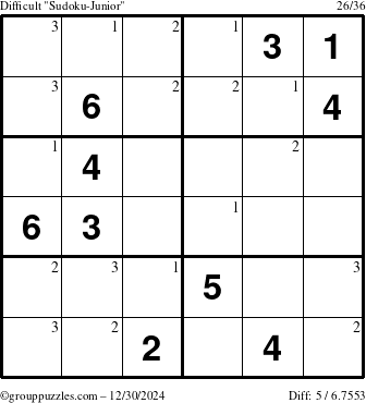 The grouppuzzles.com Difficult Sudoku-Junior puzzle for Monday December 30, 2024 with the first 3 steps marked