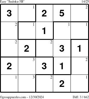 The grouppuzzles.com Easy Sudoku-5B puzzle for Monday December 30, 2024 with the first 3 steps marked