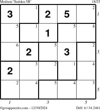 The grouppuzzles.com Medium Sudoku-5B puzzle for Monday December 30, 2024 with all 6 steps marked