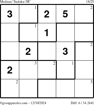 The grouppuzzles.com Medium Sudoku-5B puzzle for Monday December 30, 2024 with the first 3 steps marked