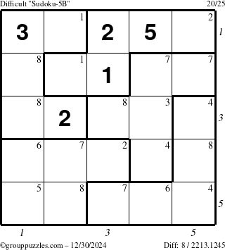 The grouppuzzles.com Difficult Sudoku-5B puzzle for Monday December 30, 2024 with all 8 steps marked