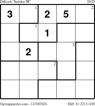 The grouppuzzles.com Difficult Sudoku-5B puzzle for Monday December 30, 2024 with the first 3 steps marked