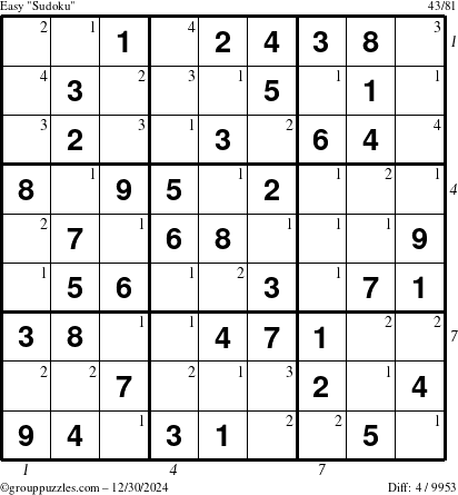 The grouppuzzles.com Easy Sudoku puzzle for Monday December 30, 2024 with all 4 steps marked