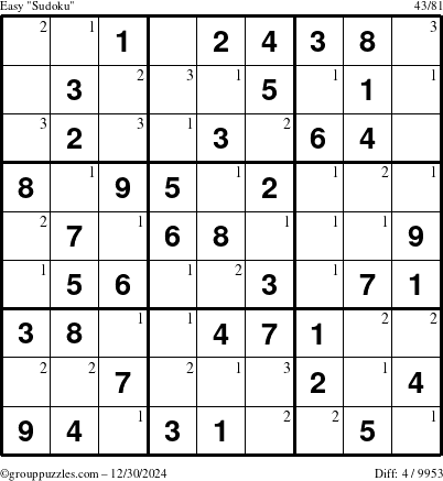 The grouppuzzles.com Easy Sudoku puzzle for Monday December 30, 2024 with the first 3 steps marked