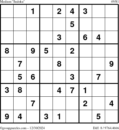 The grouppuzzles.com Medium Sudoku puzzle for Monday December 30, 2024