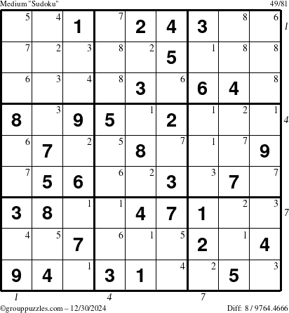 The grouppuzzles.com Medium Sudoku puzzle for Monday December 30, 2024 with all 8 steps marked