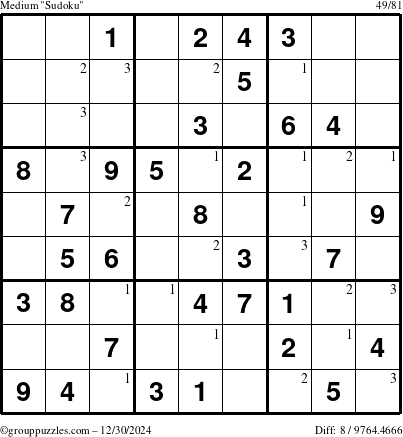 The grouppuzzles.com Medium Sudoku puzzle for Monday December 30, 2024 with the first 3 steps marked