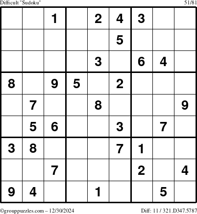 The grouppuzzles.com Difficult Sudoku puzzle for Monday December 30, 2024