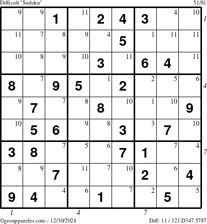 The grouppuzzles.com Difficult Sudoku puzzle for Monday December 30, 2024 with all 11 steps marked