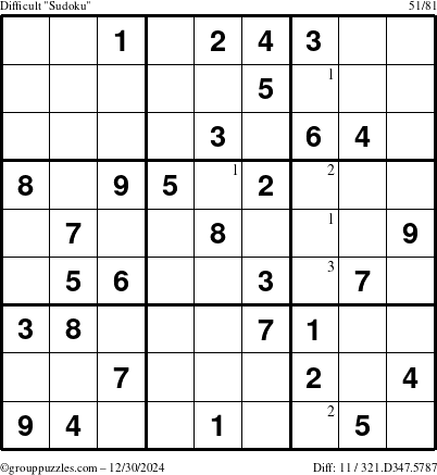 The grouppuzzles.com Difficult Sudoku puzzle for Monday December 30, 2024 with the first 3 steps marked