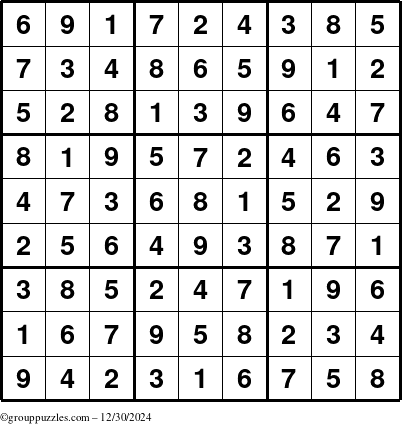 The grouppuzzles.com Answer grid for the Sudoku puzzle for Monday December 30, 2024