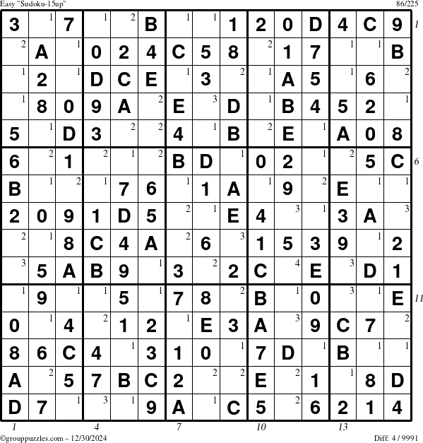 The grouppuzzles.com Easy Sudoku-15up puzzle for Monday December 30, 2024 with all 4 steps marked