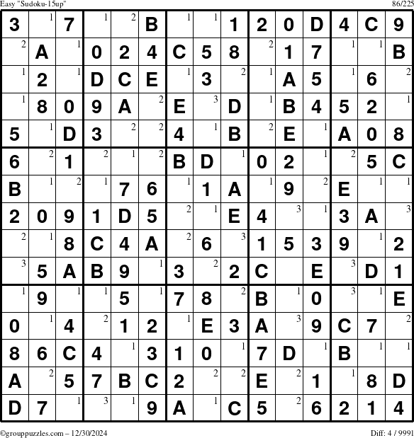 The grouppuzzles.com Easy Sudoku-15up puzzle for Monday December 30, 2024 with the first 3 steps marked