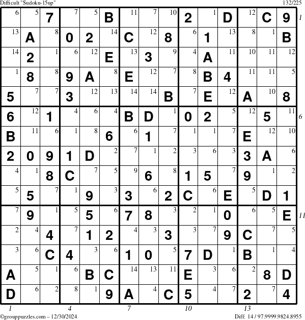 The grouppuzzles.com Difficult Sudoku-15up puzzle for Monday December 30, 2024 with all 14 steps marked