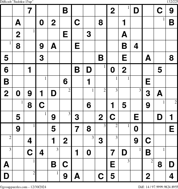 The grouppuzzles.com Difficult Sudoku-15up puzzle for Monday December 30, 2024 with the first 3 steps marked