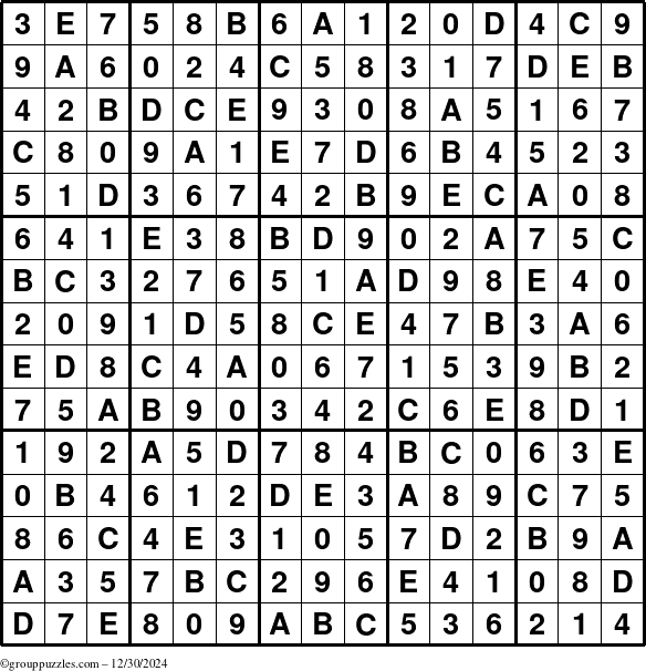 The grouppuzzles.com Answer grid for the Sudoku-15up puzzle for Monday December 30, 2024