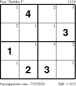 The grouppuzzles.com Easy Sudoku-4 puzzle for Thursday July 25, 2024 with the first 3 steps marked