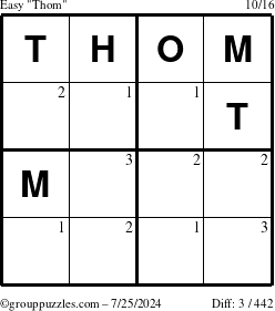 The grouppuzzles.com Easy Thom puzzle for Thursday July 25, 2024 with the first 3 steps marked