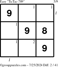 The grouppuzzles.com Easy TicTac-789 puzzle for Thursday July 25, 2024 with all 2 steps marked