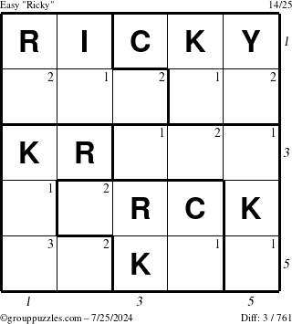 The grouppuzzles.com Easy Ricky puzzle for Thursday July 25, 2024 with all 3 steps marked