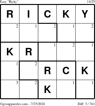 The grouppuzzles.com Easy Ricky puzzle for Thursday July 25, 2024 with the first 3 steps marked